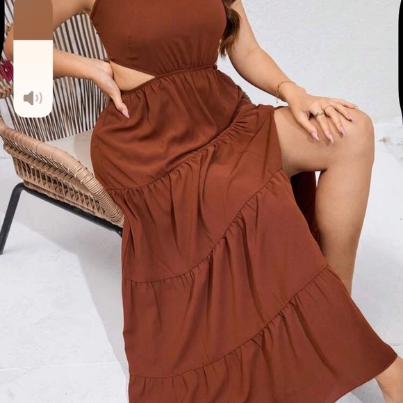 Brown Tiered Halter Sundress with Slit - Picture 3 of 3